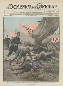 Die Dramen der Luft, Absturz eines Militär-Doppeldeckers auf dem Feld von Centocelle in Rom, Tod der beiden Flieger von Achille Beltrame