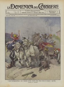 Die Gefahren des Automobilismus, von Ochsen gezogener Wagen bei Altare (Riviera di Levante) angefahren und umgestürzt von Achille Beltrame