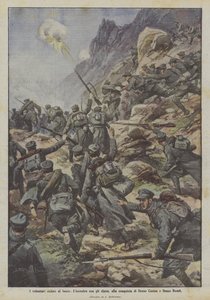Die freiwilligen Radfahrer im Feuer, das Treffen mit den Alpini, bei der Eroberung von Dosso Casina und Dosso Remit von Achille Beltrame