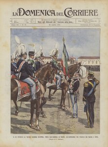 Der König übergibt die alte, ruhmreiche Fahne, die aus der Waffenkammer von Turin stammt, an die Artillerie