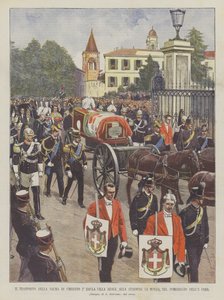 Der Transport des Leichnams von Umberto I. von der Villa Reale zum Bahnhof von Monza am Nachmittag des 8. dieses Monats von Achille Beltrame