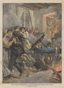 Der tragische Ball von Fucecchio (Florenz), ein brennender Boden, der während einer Feier einstürzt von Achille Beltrame