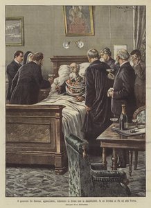 General De Sonnaz, im Sterben liegend, trägt die Uniform mit den Auszeichnungen und bringt einen Toast auf den König und das Vaterland aus
