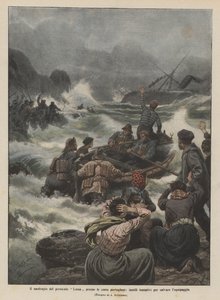 Das Schiffsunglück des Dampfers Luisa vor der portugiesischen Küste, vergebliche Versuche, die Besatzung zu retten von Achille Beltrame