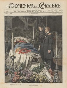 Der neue König von Portugal Manuel II. und die Königinmutter Amelia vor der Leiche des ermordeten Königs
