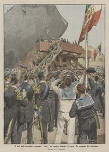 Der Stapellauf des gepanzerten Kreuzers Pisa in der Werft Orlando in Livorno, die Taufzeremonie von Achille Beltrame