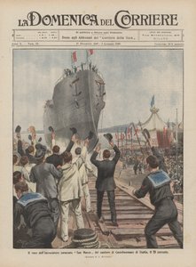 Der Stapellauf des gepanzerten Kreuzers San Marco der Werft von Castellammare di Stabia am 20. dieses Monats von Achille Beltrame
