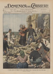 Der alte Pfarrer des Dorfes Faro bei Messina rettet das Allerheiligste aus den Trümmern der Kirche von Achille Beltrame