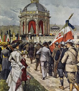Eröffnung des IV. Schießwettbewerbs am Farnesina-Polygon, Rom, Italien, Illustration von Achille Beltrame aus La Domenica del Corriere, 25. Mai