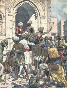 Indien. Dürre verursacht Epidemien. Lebensmittelverteilung. Illustriert von Antonio Beltrame. La domenica del Corriere. 26. Februar von Achille Beltrame