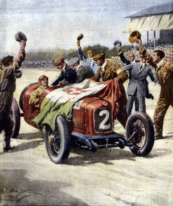 Italienischer Sieg beim 3. Europäischen Motor Grand Prix: Die Mechaniker von Ascari zeigen die Trikolore auf dem Auto. Ill. von Beltrame. "La Domenica del Corriere". 07/1925