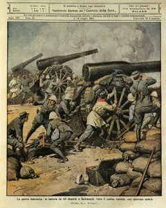 Italo-Türkischer Krieg, Batteriebeschuss von Kanone Nr. 149, der eine feindliche Karawane bei Bu-Kamek in Richtung der tunesischen Grenze vertreibt, Illustrator Achille Beltrame (1871-1945), aus La Domenica del Corriere, 7. Juli 1912
