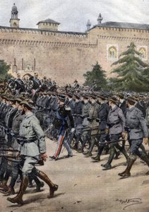Italiens neue Milizen: Freiwillige in Zivilkleidung während einer Militärparade am 11. November in Mailand. Ill. von Beltrame. La Domenica del Corriere. 11/1914
