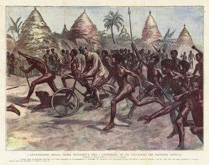 Das Erscheinen des ersten Fahrrads unter den Kannibalen, in einem Dorf der Bangwa (Afrika)