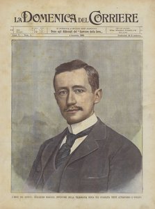 Der Held des Tages, Guglielmo Marconi, Erfinder der drahtlosen Telegrafie, die gerade über den Ozean etabliert wurde