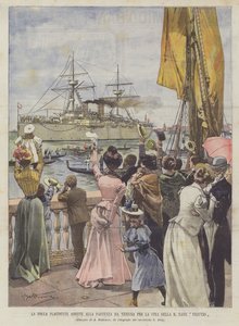 Die jubelnde Menge beobachtet die Abfahrt des Kriegsschiffs Vesuvio nach China von Venedig