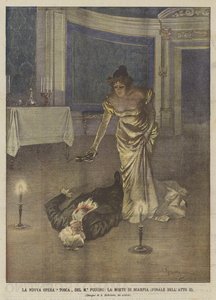 Die neue Oper Tosca von Maestro Puccini, der Tod von Scarpia (Finale des zweiten Akts)