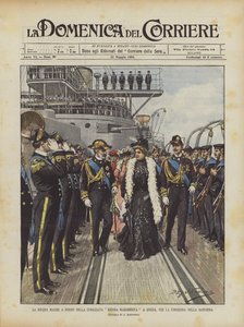 Die Königinmutter an Bord des Schlachtschiffs Regina Margherita in Spezia, zur Übergabe der Flagge von Achille Beltrame