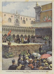 Der Wiederaufbau des Glockenturms von San Marco in Venedig, die Segnung des ersten Steins (25. April) von Achille Beltrame