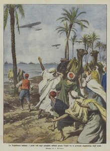 Das italienische Tripolitanien, die ersten Flüge der Militärflugzeuge bei Tripolis unter tiefem