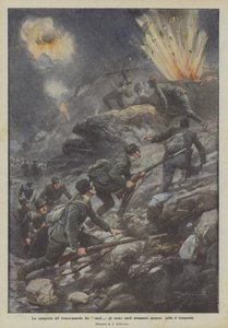 Die Eroberung der Raketenverschanzung, die heroischen Sarden rücken kriechend vor, unter dem Gewitter von Achille Beltrame