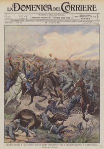Die große Schlacht von Lüttich, belgische Kavallerie greift mutig an und schlägt vier deutsche Regimenter in die Flucht von Achille Beltrame