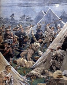 Der Burenkrieg oder Transvaal-Krieg in Südafrika: Die Buren greifen ein englisches Lager in Tweenfontein an (Illustration von Beltrame, La Domenica del Corriere, 1902) von Achille Beltrame