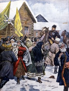Der Aberglaube in Russland: Die Polizei versucht, die Sekte der neuen Christen zu zerstreuen. Illustration von Beltrame. La Domenica del corriere. 1901.