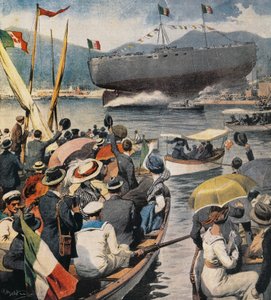 Stapellauf des Schlachtschiffs Andrea Doria aus dem Arsenale in La Spezia, Tafel von Achille Beltrame (1871-1945), La Domenica del Corriere, 6. April von Achille Beltrame