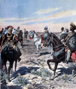 Le capitaine Mozzetti sur le camp du Ras Makonnen (Mekonnen Welde Mikael) (Abba Qagnew) (1852-1906) en Ethiopie. Illustration von Beltrame. La Domenica del corriere. 1899 von Achille Beltrame