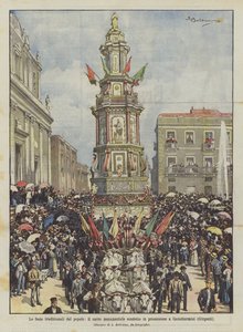 Die traditionellen Volksfeste, der monumentale Wagen in der Prozession in Casteltermini (Girgenti)