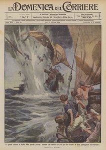 Die ersten Opfer in Italien im großen Krieg, Fischerboote, die durch Minenexplosionen in die Luft gesprengt wurden von Achille Beltrame