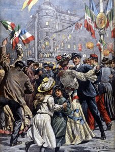 Die Herrscher Italiens in Paris: Volksfeste auf den Straßen (Illustration von Beltrame, La Domenica del Corriere, 1903)