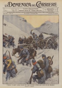 Der Winter und der Krieg, mühsamer Vormarsch der österreichischen Truppen in Serbien unter starkem Schneefall von Achille Beltrame
