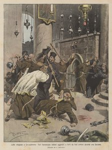 Religiöse Kämpfe in Jerusalem, italienische Franziskanermönche von armenischen Mönchen während einer Zeremonie angegriffen und verletzt von Achille Beltrame