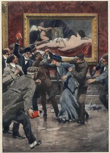 Mary Richardson, kanadische Suffragettenaktivistin, schneidet mit einem Messer das Gemälde „Die Rokeby Venus“ von Diego Velasquez in der National Gallery in London. Illustration von Achille Beltrame für „La domenica del corriere“. 1914.