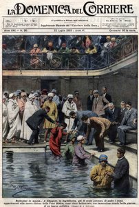 Massen-Taufen: In Glasgow, Schottland, wurden mehr als hundert Menschen, Mitglieder der neuen True Bible Church, im städtischen Schwimmbad getauft. Illustration von Beltrame. La Domenica del Corriere. 22/07/1928.