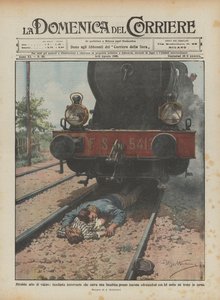 Bewundernswerter Akt der Tapferkeit, ein Eisenbahnheizer rettet ein Mädchen bei Ancona, indem er sich mit ihr hinlegt von Achille Beltrame