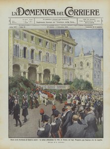 Tod der Herzogin von Genua, die Mutter, der Leichnam verlässt die Villa in Stresa am Lago Maggiore von Achille Beltrame
