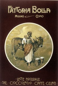 Mutter gibt ihrem Baby Kuhmilch zu trinken - Fattoria Bolla Werbeplakat (Plakat) von Achille Beltrame