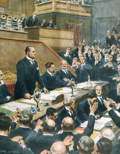 Mussolini verkündet dem Senat das Bündnis zwischen vier westlichen Mächten, Achille Beltrame aus La Domenica del Corriere, 7. Juni