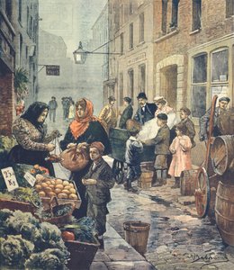 Eine der charakteristischsten Straßen des italienischen Viertels, Soffron Hill, London, von Achille Beltrame (1871-1945) aus La Domenica del Corriere