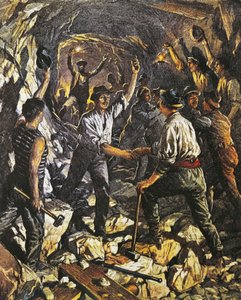 Eröffnung des ersten Abschnitts des Simplontunnels zwischen Arona und Meina, Illustration von Achille Beltrame, aus La Domenica del Corriere, 25. Oktober 1903
