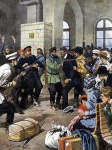 Passagiere wurden an einem Bahnhof in Europa von Räubern überfallen und im Warteraum ausgeraubt. Ill. von Beltrame. La Domenica del Corriere. 07/1909