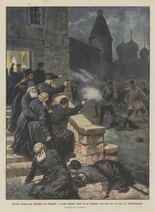 Kleines blutiges Gefecht zwischen Banditen und alten russischen Mönchen in einem einsamen Kloster