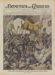Religiöse Prozession von Antiklerikalen in Fabriano angegriffen und von Bersaglieri und Carabinieri verteidigt von Achille Beltrame