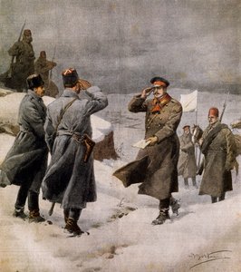 Wiederaufnahme des Krieges, Türkischer Parlamentarier kommt im bulgarischen Lager an und überbringt Nachricht über das Ende des Waffenstillstands, von Achille Beltrame, Illustration aus La Domenica del Corriere, 9. Februar