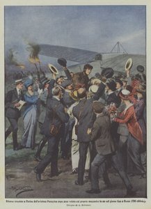 Der triumphale Rückkehr des Fliegers Perreylon nach Turin, nachdem er mit seinem Mechaniker geflogen ist von Achille Beltrame