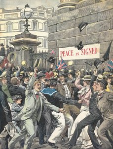 Zweiter Burenkrieg. Bekanntgabe des Kriegsendes auf den Straßen Londons. Illustration von Antonio Beltrame. „La Domenica del Corriere“ von Achille Beltrame