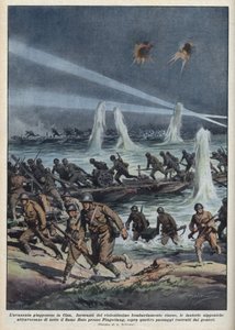 Zweiter Chinesisch-Japanischer Krieg (1937-1945): „Die japanische Armee überquert den Huto-Fluss in der Nähe von Pingshang unter chinesischem Bombardement.“ Illustration von Achille Beltrame aus „La domenica del corriere“ vom 17.10.1937. von Achille Beltrame